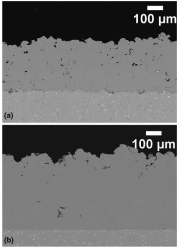 Fig. 6 SEM of cross-sections of cold-sprayed Al coatings formed onto (a) as-received substrate, (b) grit-blasted substrate, (c) laser irradiated substrate (2.2 J Æ cm 2 , 150 Hz)