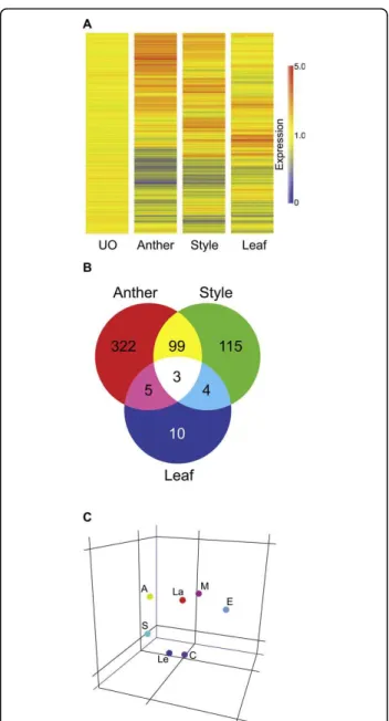 Figure 3 Tissue-specific comparison between ovule, style, anther and leaf tissues. A, Cluster analysis of the transcriptional profiles obtained from leaves, styles, and anthers