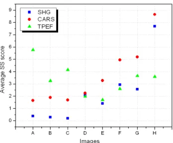 Fig.  6.  Average  SS  scores  extracted from  SHG  (blue  squares),  CARS  (red  circles)  and  TPEF  (green  triangles)  images  acquired  from  the  arterial  lumen  of  WHHLMI  rabbits