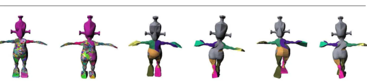 Fig. 4 Alien model. First two columns show the segmentation before the merge step. Remaining columns show the final segmentation based on four input poses.
