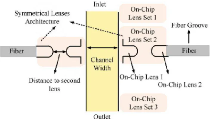 Fig. 2. Schematic of a microfluidic chip incorporating on-chip lens sets.