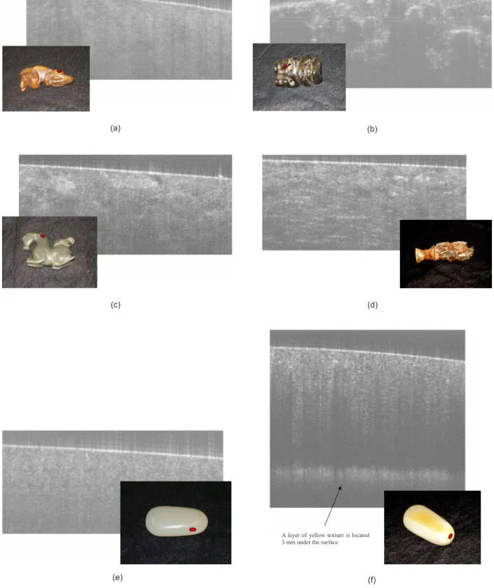 Fig. 4 Six jades used in the experiments. OCT image size: 4⫻2 mm for 共a兲 through 共e兲; and 4