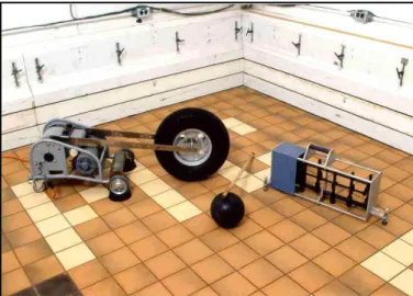Figure 1: Standard impact sources. From left to right: Tire (bang machine), ball, ISO tapping  machine (hammer box)