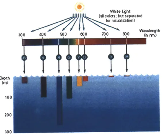 Figure  2-1:  Penetration  depth  of  different  colors  of  light  in  water.  Blue  light  pene- pene-trates  the  deepest,  making  it  an  ideal  candidate  for  optical  communication.