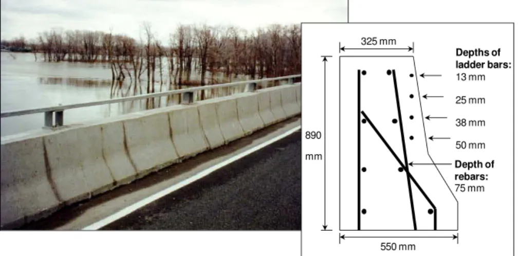 Figure 4. Cross-section of reconstructed RC bridge barrier wall (Vachon bridge, Laval, Canada)