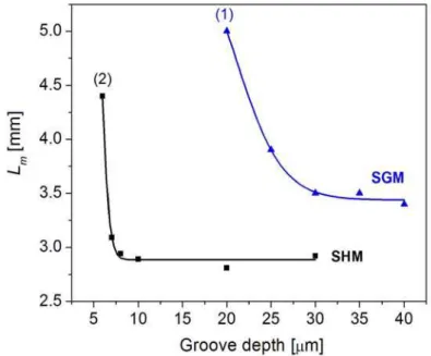 Figure 5. Effects of groove depths on L m  in SGM and SHM. Note that L m  simulation results  did not converge for the mixing extent of  ε  = 0.01 within the simulated 5-mm channel  length when the groove depths were less than 20 μm for SGM and 5 μm for SH