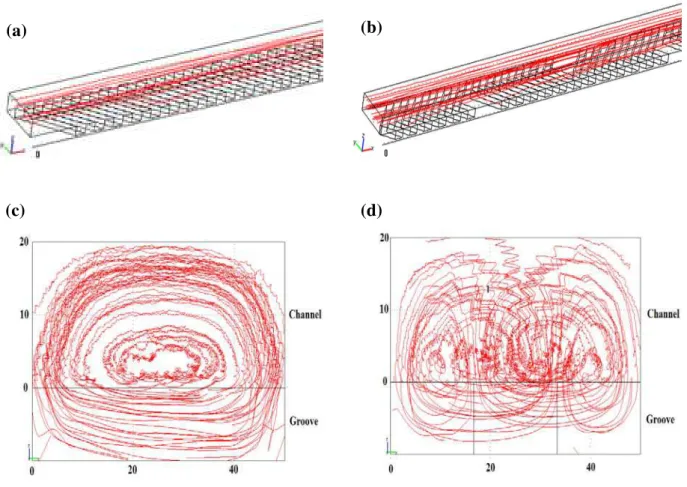 Figure 2. Streamlines of velocity fields in (a), (c) SGM and (b), (d) SHM. (a), (b), 3D  view