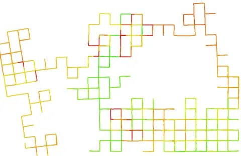 Figure 5: Manhattan world simulated environment after optimization. Color coded with the number of variables that are updated for every step along the trajectory