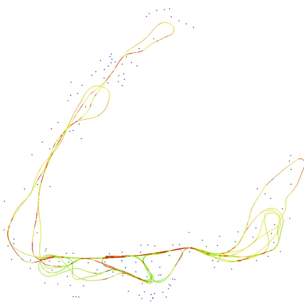 Figure 6: The Victoria Park dataset color coded with the number of variables that are updated for every step along the trajectory