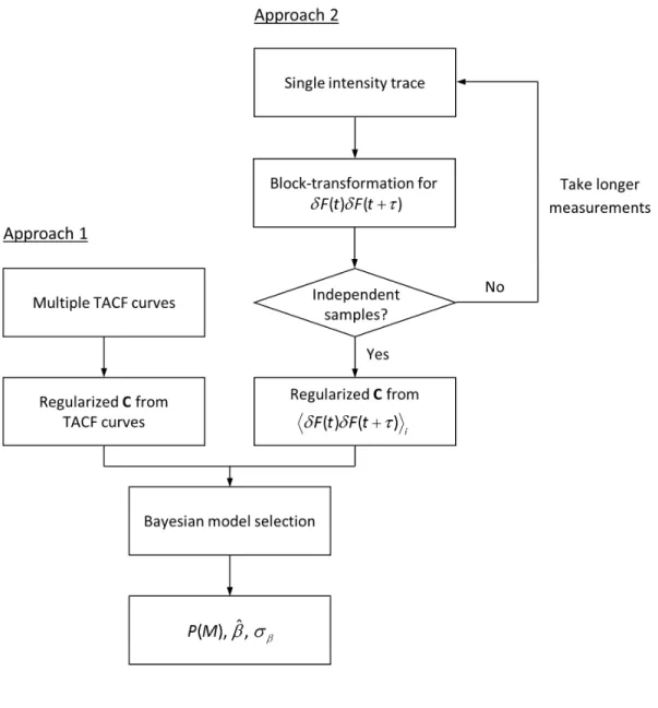 Figure 1 Flowchart of Bayesian model selection procedures for FCS data of multiple TACF  curves or a single intensity trace