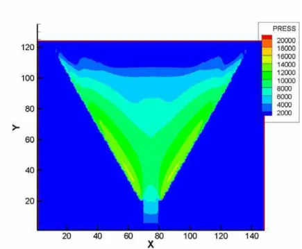 Figure 2: Distributions of ice concentration, thickness and pressure after 8 days  from the start of the simulation