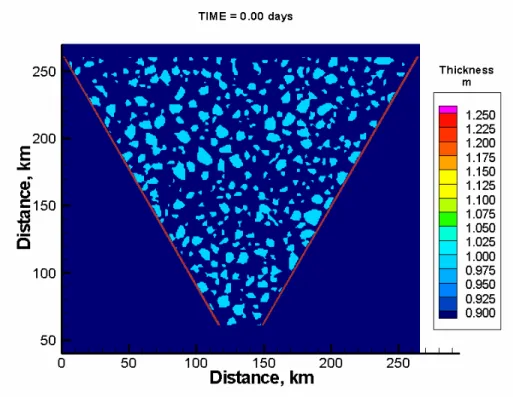 Figure 8: Initial condition for simulation of individual floes drift through a  converging channel 