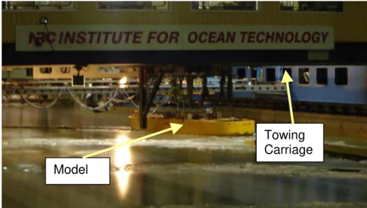 Figure 6. Experimental set-up of the USCGC Mackinaw model in the IOT ice tank  The thrust T and torque Q on the propeller shaft and the longitudinal force F x  and  transverse force F y  generated on the model ship hull by the pods were measured; 