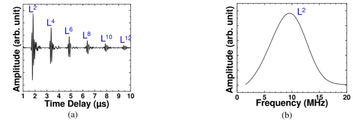 Fig. 3   Ultrasonic signals obtained with the experimental setup shown in Fig. 2b; (a) in time domain and (b) L 2  in frequency  domain