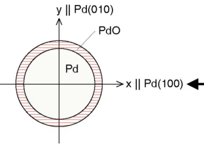 Fig.  3. Cross-sectional  view of a Pd thermoelement with an oxide  film.  For convenience  in  analysis, a Pd leg composed of a single crystal is assumed, whose (001) crystalline direction is  parallel to the thermocouple (z-) axis.