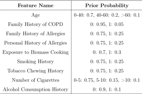 Table 4.2: Description of prior probabilities for risk factors. For binary features, 0 means the risk factor is absent (eg