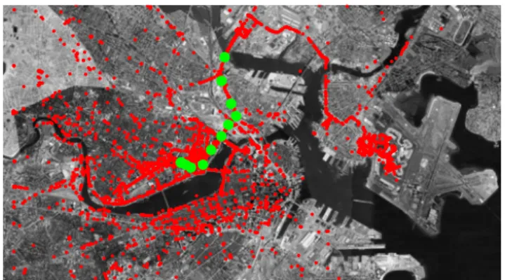 Fig. 1 A small set of the raw GPS data points (red) and a single trajec- trajec-tory (green) used to learn our model.