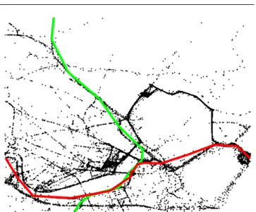 Fig. 2 An example of two trajectories that share a road segment. The red trajectory travels east and the green trajectory travels north