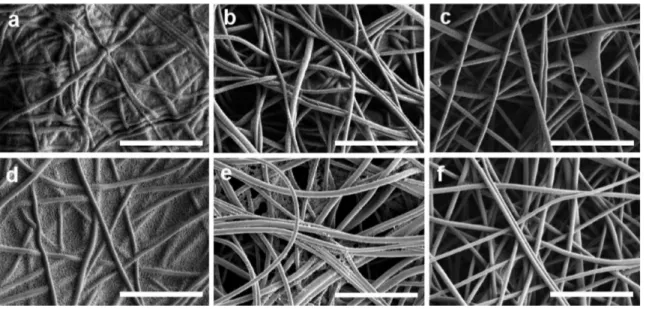 Figure 3. SEM micrographs of PAN nanofibers coated with (a - c) PEDOT or (d - f) PPy using different oxidant solution concentrations: (a,d) 40 wt %, (b,e) 20 wt %, (c, f) 13 wt %