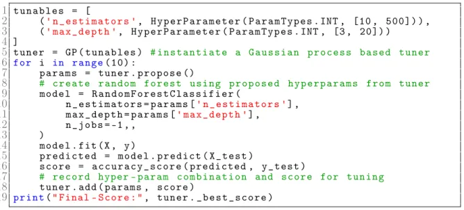 Figure 2-1: A Python code snippet illustrating how to use a tuner’s user API. The code illustrates how to use a tuner to tune a number of estimators hyperparameter between 10 and 500 and maximum depth of a tree between 3 and 20 for a random forest