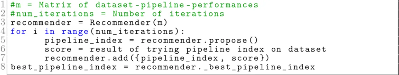 Figure 3-1: Python pseudo-code snippet illustrating how to use a recommender’s user API