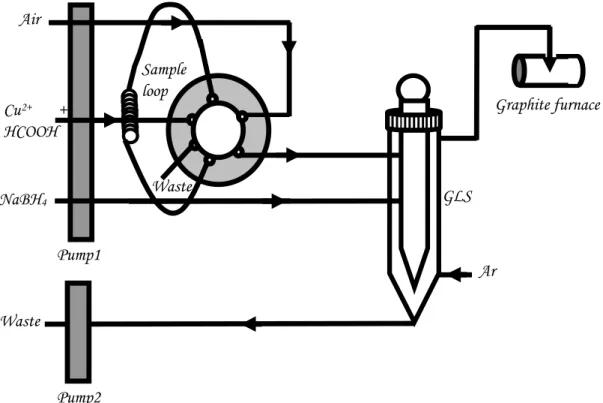 Figure 1. Schematic of the instrumental set-up Graphite furnaceCu2++ HCOOHWasteGLSArWasteAirSample loopNaBH4Pump2Pump1