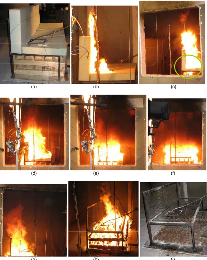 Figure 3-1 Snapshots for the fire behaviour during burning the fire load (sofa and two wood cribs  underneath it) in the different fire stages 