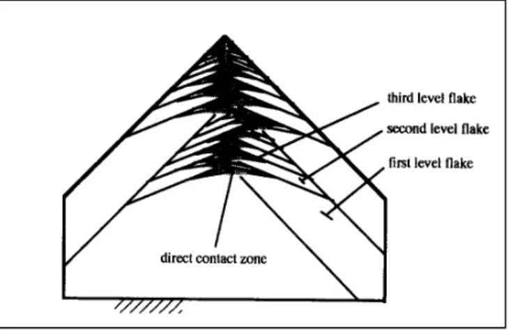 Figure 1. A pattern of sequential ice fractures  in  a  two-dimensional  ice  formation  that  is  crushed  by  a  plate  (not  shown)  from  the  top