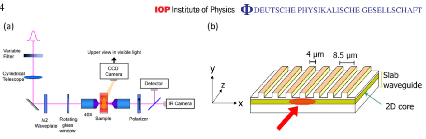 Figure 1. (a) Experimental setup and (b) schematic view of the sample and the coupling geometry.