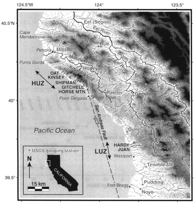 Figure  1. Map  of the  Mendocino  triple junction  area,  including the  drainage network and  elevation shading