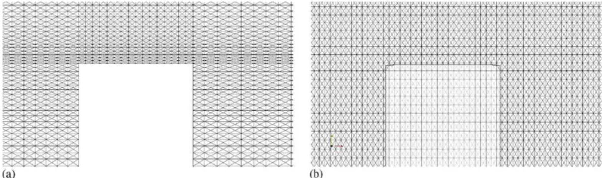 Figure 7. Meshes for the obstructed channel flow at S/H = 0.75: (a) body-fitted mesh and (b) IB mesh.