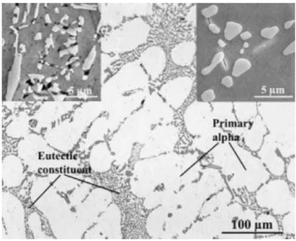 Fig. 1. General view of the microstructure of a PM-F plate. Upper left and right inserts are magnifications of the eutectic constituent of a PM-F and PM-T6 plate respectively.