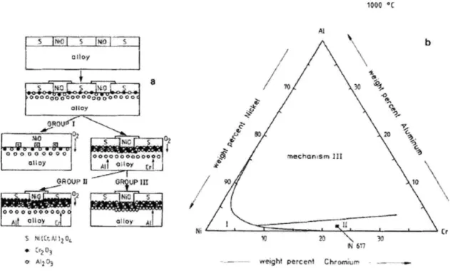 Figure  3. The  oxidation of Ni-Cr-Al  alloys after Gigging and  Pettit  [5].  (a) The three  different mechanisms