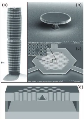 Figure 13 SEM images of different types of microcavities: (a) mi- mi-cropillar [77], (b) microdisk, and (c) photonic crystal defect  cav-ity [78]