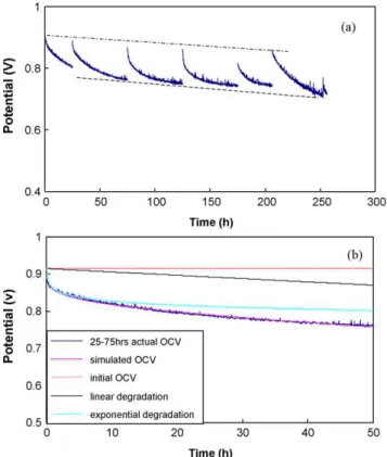 Fig. 1. OCV change with time (a) from 0 h to 256 h and (b) from 25 h to 75 h compared with simulation results based on Eq