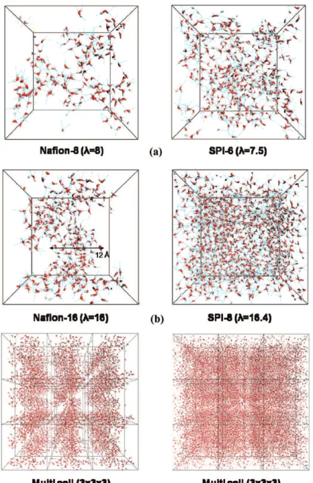 Figure 7. Comparison of the water molecule distributions in Nafion and SPIs with the similar λ values; (a) λ ) about 8 and (b) λ ) about 16.
