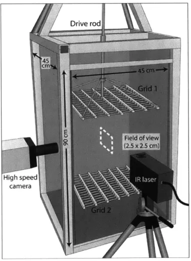 Figure  3-1:  Experimental  tank  set-up,  with  two  vertically  oscillating  grids  to  generate  flow and  the  perpendicularly  trained  camera  and  laser  to  image  a 2.5x2.5  cm  field  of  view  in  the center  of the  tank.