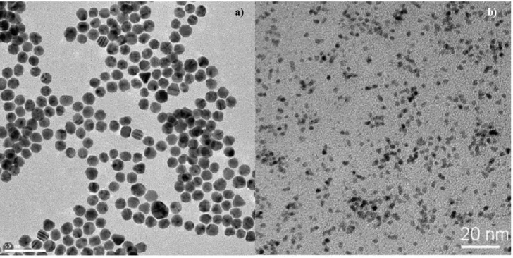 Figure 1. Bright field TEM images of a) Au NPs (the scale bar is 50 nm); b) Pt NPs (the scale bar is 20 nm)