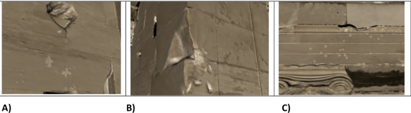 Figure 2. Surface markings visible on the 3D model:  A) Graffiti of crosses, B) Cannon ball impact,  C)  Damage  due  to  gunfire