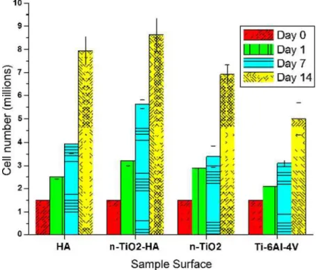 Fig. 4 Normalized alkaline phosphatase activity (ALP), levels in medium of hMSCs cultured on HA, n-TiO 2 -10wt.%HA and n-TiO 2