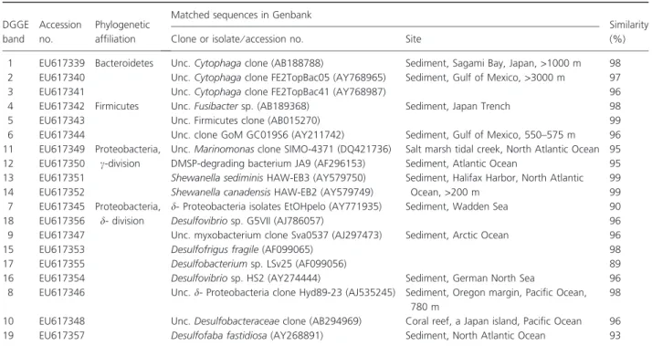 Table 2 The sequences of DGGE-separated 16S rDNA bands detected in the present marine sediment and those closely related ones DGGE band Accessionno