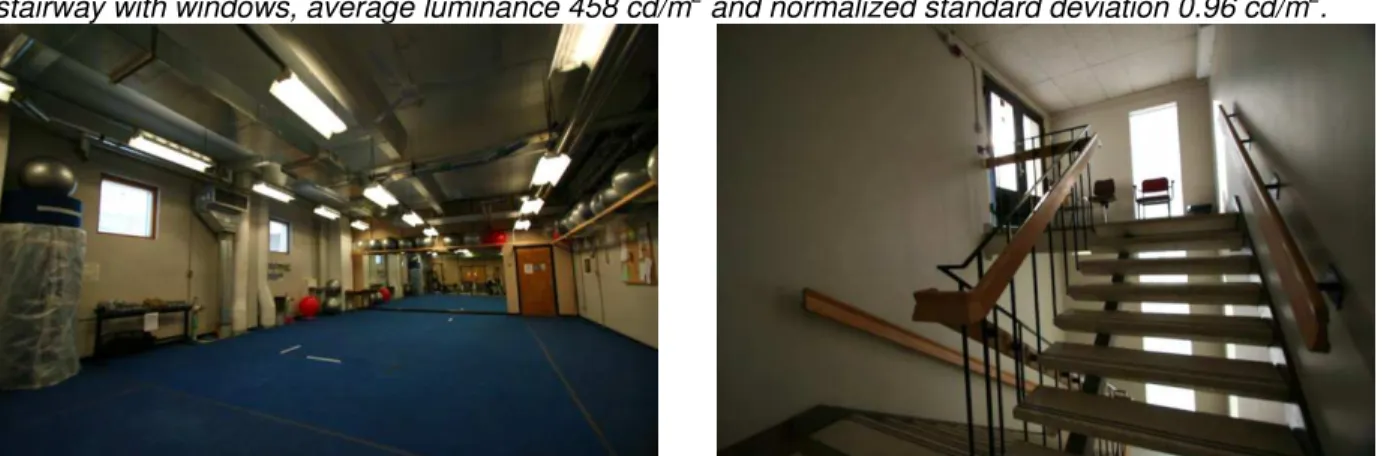 Figure 1. Two of the six spaces viewed in the first experiment. Figure 1a (left panel), a gymnasium,  average luminance 39 cd/m 2  and normalized standard deviation 2.6 cd/m 2 