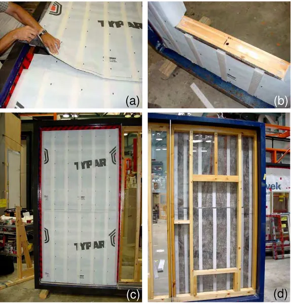 Figure 3 — (a) Installation of WRB with integral closed-cell PE foam strips; (b) View showing WRB installed on  wall and at window rough opening; (c) B-side of specimen B-W3 with WRB installed on wall; (d) B-side of 