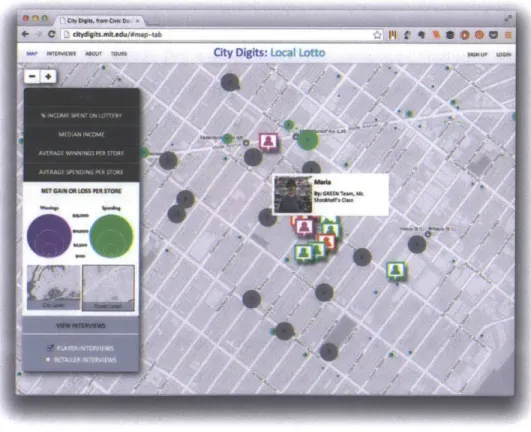 Fig. 3.8  Interview points appear on a map that also reveals lottery data about the neighborhood