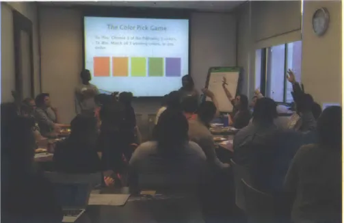 Fig. 3.13  Students  lead teachers through an activity calculating probability at a teacher training event