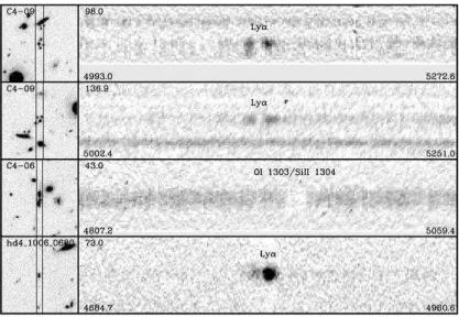 Fig. 3.— HST I 814 images (left) and closeups of extended kinematic features in 2D spectra (right) of the 11 LBGs in seven systems showing such features