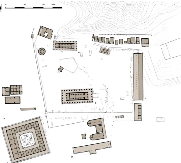 FIG. 41 Plan of the sanctuary of Olympia during the fifth century. A) Old Temple of Hera (ca