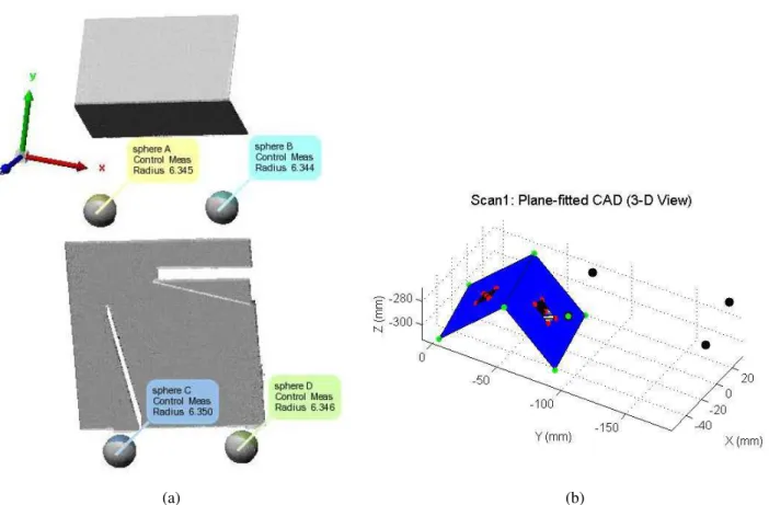 Figure 5. (a) Example of a range image in Polyworks after sphere selection and labeling