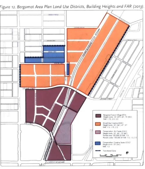 Figure  12.  Bergamot  Area  Plan  Land  Use  Districts  Building  Heights  and  FAR  (2013).