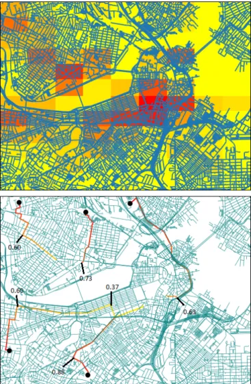 Fig. 3. Implementation of the algorithm in Boston, MA. The top image represents the expected value for drivers if they were to stay at that location until they get the next passenger request J(x)